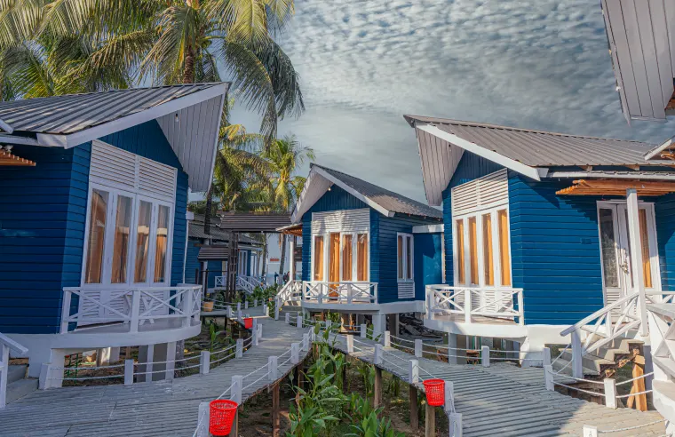 The palm-lined path to the villas